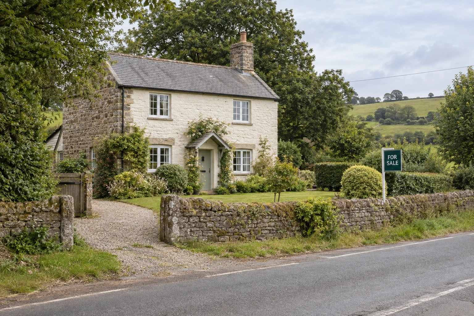 A traditional Devon stone cottage with a slate roof, country garden and small FOR SALE board by the roadside